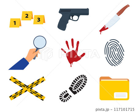 Murder investigation icon set. Police detective equipment. Investigation tools. Crime symbols. Criminology Police Crime Investigation Scene elements. Murder investigation icon set. Police detective equipment. Investigation tools. Crime symbols. Criminology Police Crime Investigation Scene elements. 117101715