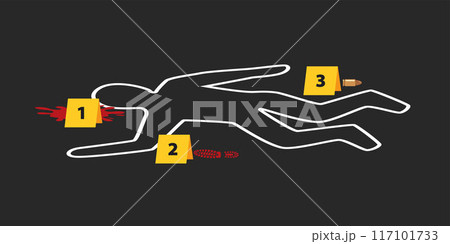 Chalk outlined murder victim illustration with evidence markers. Dead body with blood. Criminology Police Crime Investigation Scene. Vector illustration. 117101733