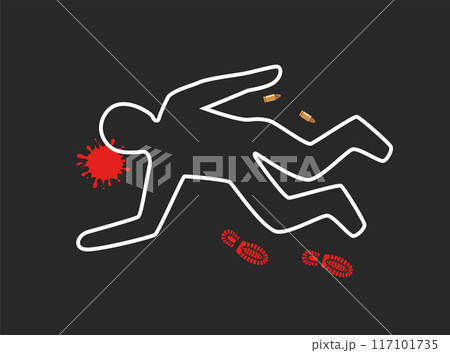 Chalk outlined murder victim illustration with evidences. Dead body with blood. Criminology Police Crime Investigation Scene. Vector illustration. 117101735