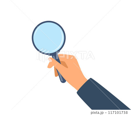 Hand holding magnifying glass. Searching, researching, discovery, analysis, scrutiny concept. Vector illustration. 117101738