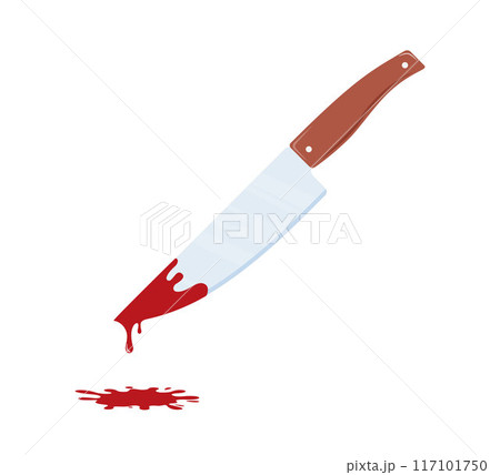 Bloody knife. Murder weapon with red blood stains. Criminal evidence. Criminology Police Crime Investigation concept. Vector illustration. 117101750