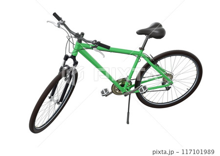 Green bicycle standing on kickstand, side view isolated on white background, 3D illustration 117101989