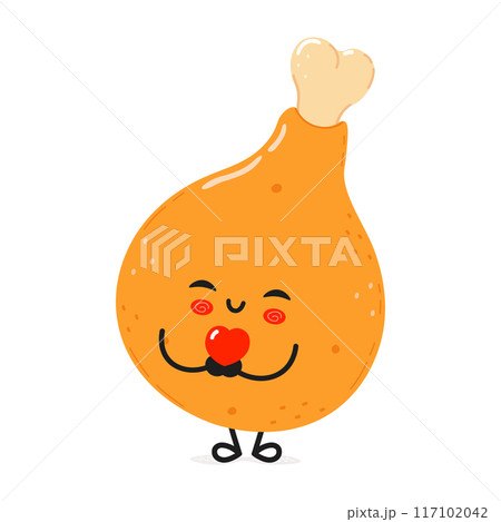 Chicken leg holding a heart in hands character. Vector hand drawn cartoon kawaii character illustration icon. Isolated on white background. Chicken leg in love character concept Chicken leg holding a heart in hands character. Vector hand drawn cartoon kawaii character illustration icon. Isolated on white background. Chicken leg in love character concept 117102042