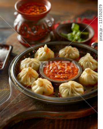 Delicious Nepalese momo served hot on a steamer tray, accompanied by a tangy tomato-based dipping sauce. A traditional and flavorful Asian cuisine delight. 117102079