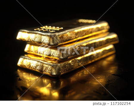 Elegant gold bars in a stack, great for financial security and prosperity visuals on black background Elegant gold bars in a stack, great for financial security and prosperity visuals on black background 117102254