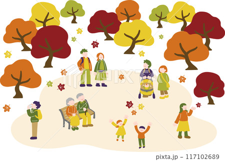 紅葉を楽しむ多世代の人々のフラットなイラスト(セット) 紅葉を楽しむ多世代の人々のフラットなイラスト(セット) 117102689