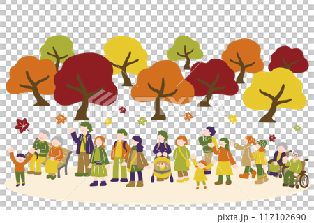 水平多代和秋葉的平面插圖（套） 117102690