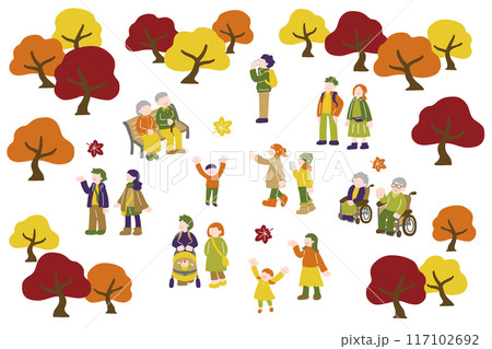 紅葉を楽しむ多世代の人々のフラットなイラスト（セット） 117102692