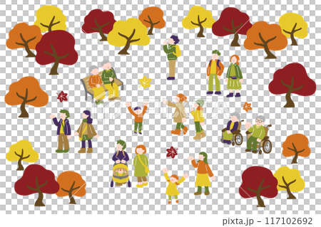 多代人享受秋葉的平面插圖（組） 117102692