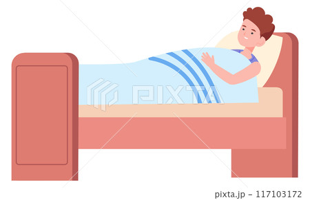 Boy lay in bed. Kid resting at night. Child bedroom Boy lay in bed. Kid resting at night. Child bedroom 117103172