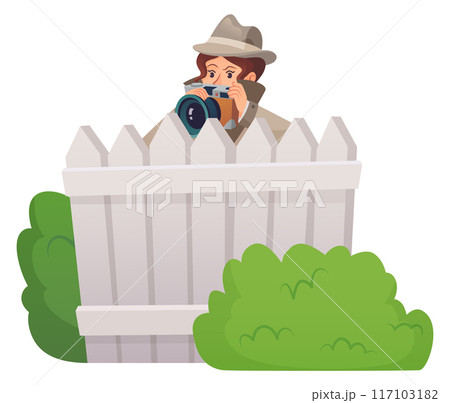 Private investigator. Woman in detective hat making photo from bush. 117103182