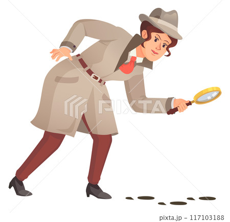 Female detective look on foot trail with magnifying glass Female detective look on foot trail with magnifying glass 117103188