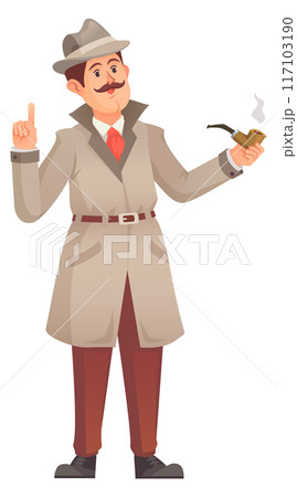 Investigator with smoking pipe. Retro detective in coat and hat 117103190