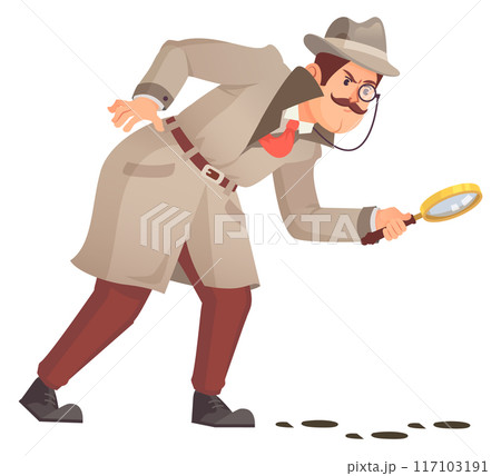 Detective look on footprint trail. Murder mystery investigation Detective look on footprint trail. Murder mystery investigation 117103191
