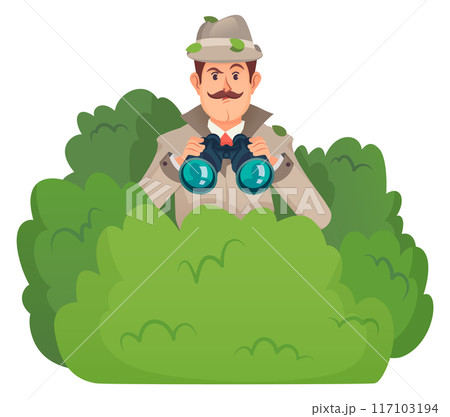 Inspector making surveillance from green bush. Cartoon detective Inspector making surveillance from green bush. Cartoon detective 117103194