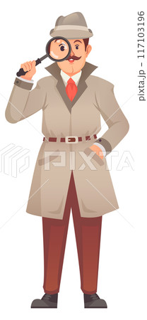 Investigator looking for clues with magnifying glass. Cartoon character Investigator looking for clues with magnifying glass. Cartoon character 117103196