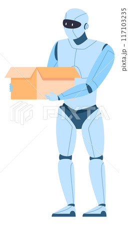 Robot carry open cardboard box. Android worker character 117103235