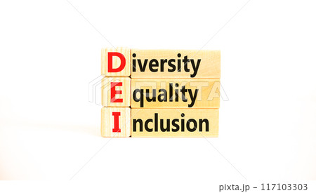 DEI diversity equality inclusion symbol. Concept words DEI diversity equality inclusion on blocks on beautiful white background. Business DEI diversity equality inclusion concept. Copy space. 117103303