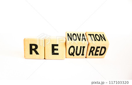 Required and renovation symbol. Concept words Required Renovation on wooden block. Beautiful white table white background. Business required renovation concept. Copy space. 117103320