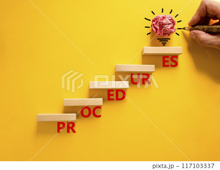 Procedures symbol. Concept word Procedures on beautiful wooden blocks. Beautiful yellow background. Businessman hand. Beautiful light bulb icon. Business procedures concept. Copy space. 117103337