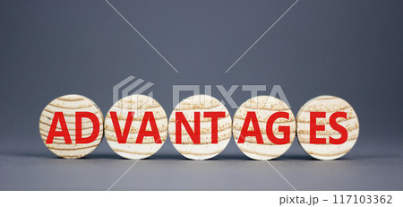 Advantages symbol. Concept word Advantages on beautiful wooden circles. Beautiful grey background. Business advantages concept. Copy space. Advantages symbol. Concept word Advantages on beautiful wooden circles. Beautiful grey background. Business advantages concept. Copy space. 117103362