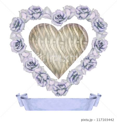 Wicker watercolor heart in a floral wreath of blue flowers with blank ribbon banner for text. Romantic decorative love symbol isolated on white background for wedding sticker, label, scrapbook, logo Wicker watercolor heart in a floral wreath of blue flowers with blank ribbon banner for text. Romantic decorative love symbol isolated on white background for wedding sticker, label, scrapbook, logo 117103442