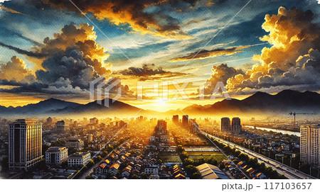 街並みを夕日が染める 117103657