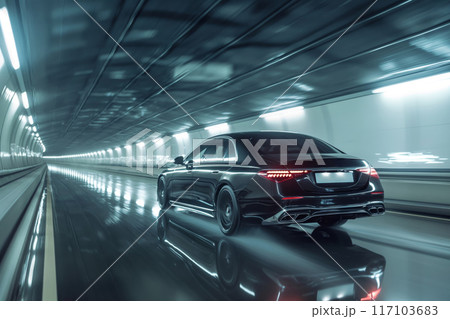 Sleek luxury car speeds through an illuminated tunnel, capturing motion and urban dynamism 117103683
