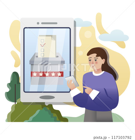 Woman voting online using smartphone app for election with electronic ballot box on screen 117103792