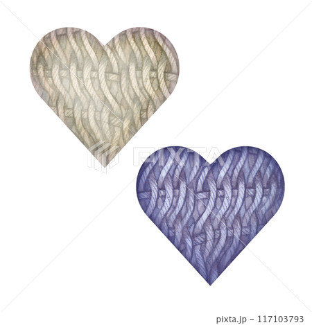 Two wicker watercolor white and blue hearts. Hand drawn brush illustration with wood texture for wedding cards, invitations template. Love symbol isolated for wedding sticker, label, scrapbook, logo 117103793