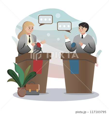 Politicians having debate on stage during political meeting Politicians having debate on stage during political meeting 117103795