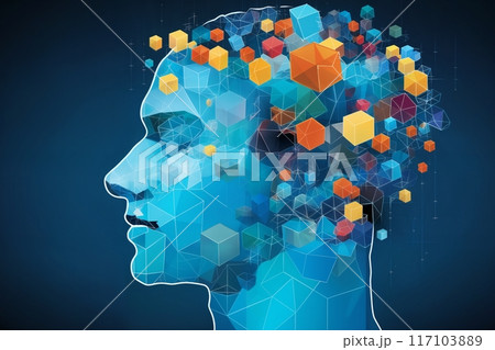 silhouette of human head with block shapes as neural connections in brain, on blue background, abstraction of digital art, concept of biotechnology of future 117103889