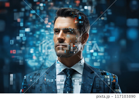 portrait of a businessman with a digital holographic structure and augmented reality particles around him, computer technologies of the future, the concept of cybernetics 117103890