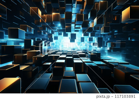 abstract dark mosaic background with many blue and golden block shapes and light effect, in the style of 3D rendering, digital art 117103891