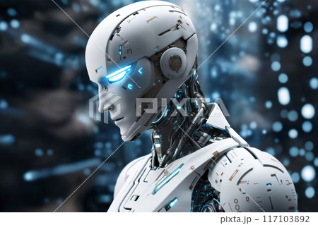 android robot works with computer and data against background of abstract digital space with holographic elements and lights, cyber future 117103892