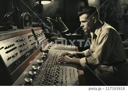 An employee uses a control panel in the industrial center for measurement, computing and information processing, a retro analog device in the laboratory 117103918
