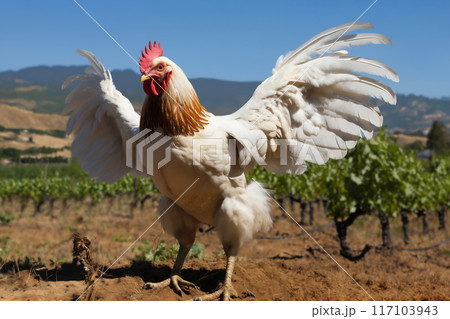 Portrait of a big rooster flapping its wings on a ranch in the village, rural surroundings against the background of spring nature 117103943
