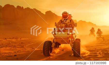 Astronauts driving rovers across the Martian landscape at sunset, Mars exploration themes Astronauts driving rovers across the Martian landscape at sunset, Mars exploration themes 117103990