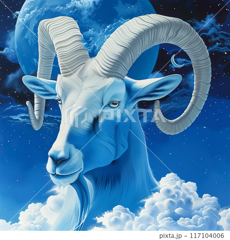 Illustration of a goat with large curved horns  against a starry night sky, the Capricorn zodiac 117104006