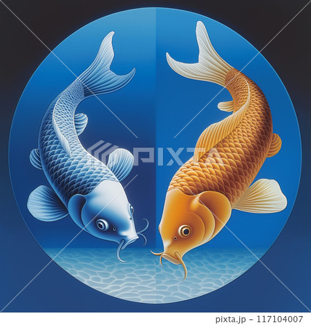 Illustration of two koi fish, facing each other, the Pisces zodiac sign 117104007