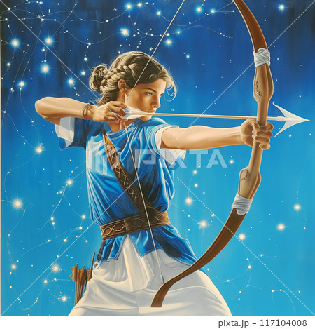 Illustration of a young woman aiming a bow and arrow, the Sagittarius zodiac sign 117104008