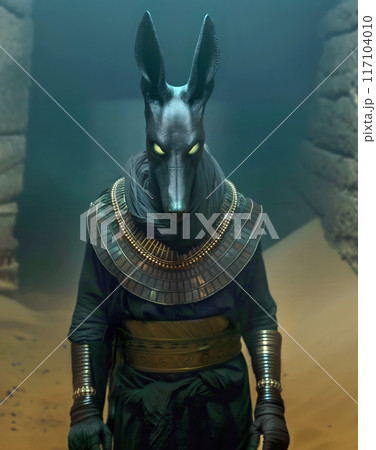 Ancient Egyptian god Anubis with glowing eyes in a dark tomb 117104010