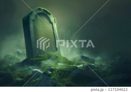 Moss-covered blank ancient tombstone surrounded by rocks in a misty, dark cemetery Moss-covered blank ancient tombstone surrounded by rocks in a misty, dark cemetery 117104022