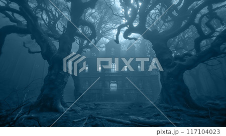 Spooky, fog-covered mansion surrounded by twisted, leafless trees 117104023