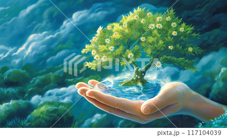Hand gently cradling a small tree growing in a pool of water, against a green landscape 117104039