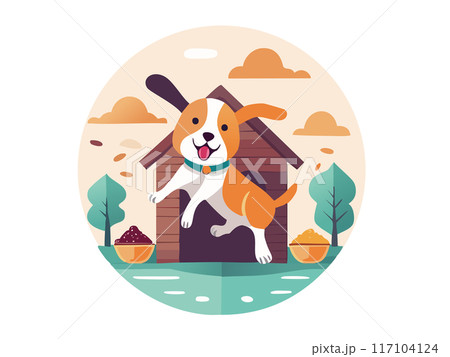 イラスト素材：ごちそうをもらって犬小屋の前で喜ぶ犬　AI画像 117104124