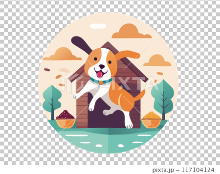 イラスト素材：ごちそうをもらって犬小屋の前で喜ぶ犬　AI画像 117104124