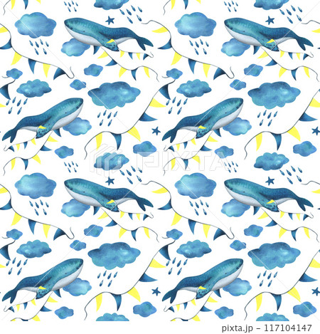 Turquoise whale in the clouds with a garland of flags among the clouds with raindrops. Watercolor illustration hand drawn in a simple childish style. Seamless pattern on a white background. 117104147