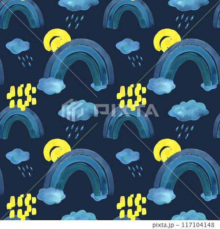 Blue, turquoise rainbow, clouds with raindrops and yellow spiral sun. Watercolor illustration hand drawn in children's style for posters, cards, stickers. Seamless pattern on a dark background 117104148