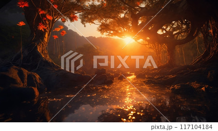beautiful landscape, old trees near a brook, in a forest at sunset, haze and sunlight, beautiful nature 117104184